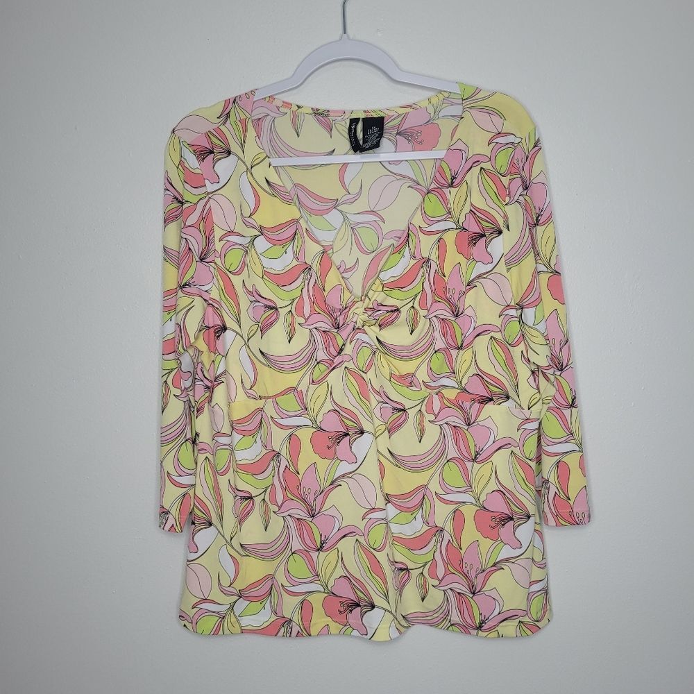 Vintage y2k mixit green pink all over print v neck 3/4 sleeve plus size top 2x